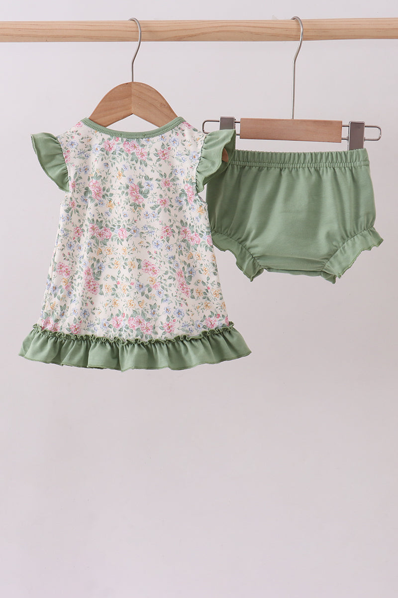 Green floral print bow ruffle bloomer set A&E