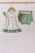 Green floral print bow ruffle bloomer set A&E