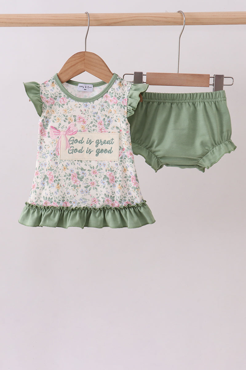 Green floral print bow ruffle bloomer set A&E
