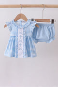Blue cross bow embroidery ruffle gingham bloomer set A&E
